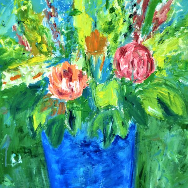 Blumen in blauer Vase 67x64 cm